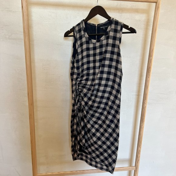 Ruched Checked Wool And Linen-blend Dress In Sand/french Navy - Picture 2 of 4
